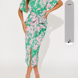 Fashion Nova Green and Pink Floral Midi Dress